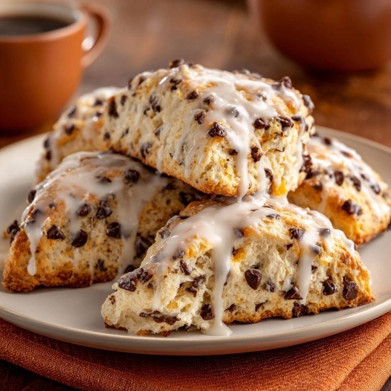 Schoko-Orangen-Scones in Nahaufnahme, reichlich mit Glasur überzogen, die auf einem Teller angerichtet sind. Die fluffigen Scones sind mit Schokostückchen gefüllt.