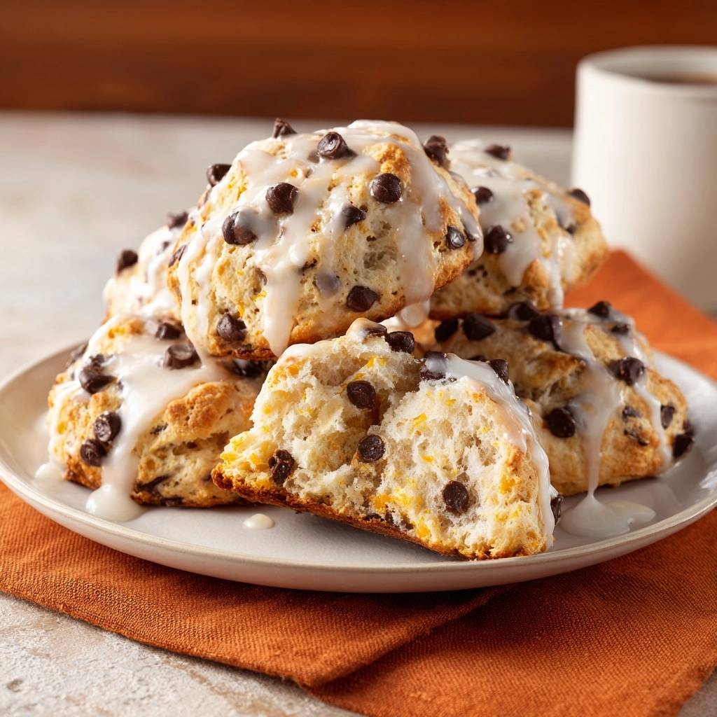 Schoko Orangen Scones Querschnitt 1 Schoko-Orangen-Scones mit Schokostückchen und Glasur im Querschnitt, die den fluffigen Teig zeigt.