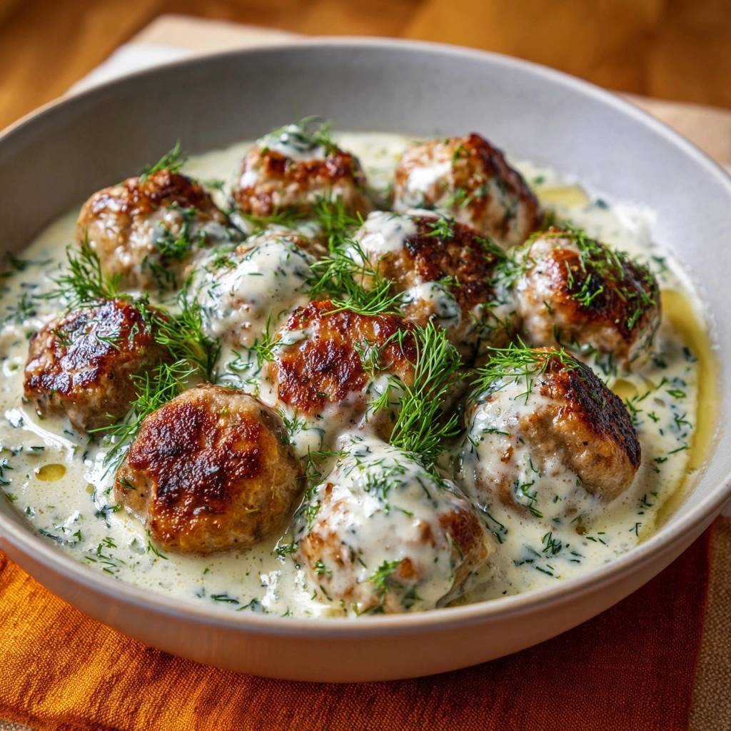 Schwedische Fleischbällchen in cremiger Dillsoße, serviert in einer Schüssel, garniert mit frischem Dill und bedeckt mit cremiger Sauce.