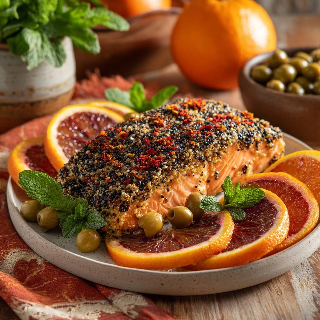 Sesam Chili Lachs Mit Orangen Serviert 1 Sesam-Chili-Lachs mit Orangen und Minze, serviert auf einem Teller mit Orangenscheiben, Oliven und frischer Minze.