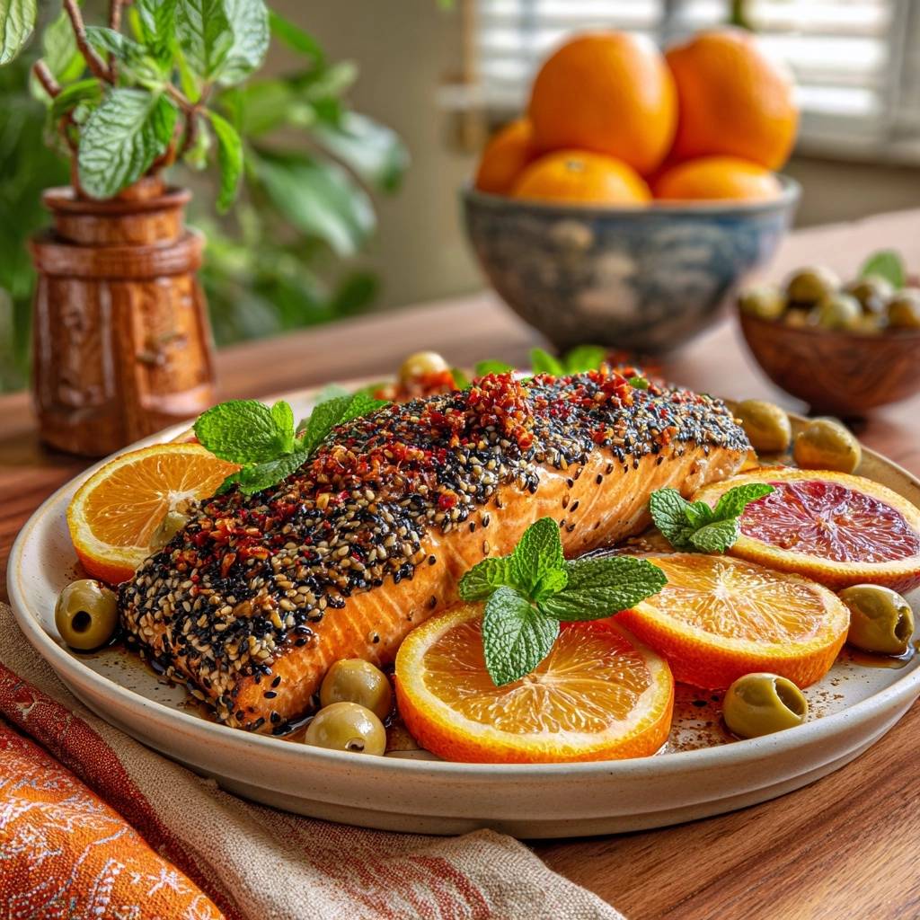 Sesam-Chili-Lachs mit Orangen und Minze, serviert auf einem rustikalen Teller, garniert mit frischer Minze und Oliven.