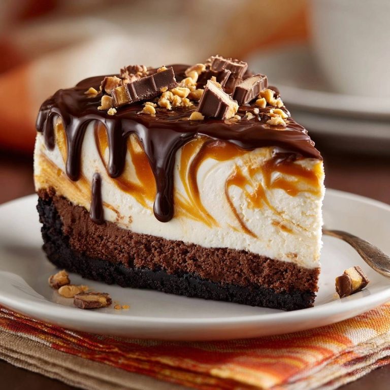 Snickers Cheesecake angeschnitten mit Schokoladenglasur, Karamellwirbeln und Snickers-Stücken als Topping auf einem Teller.