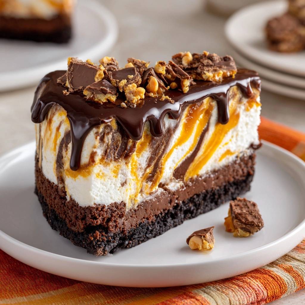 Snickers Cheesecake Querschnitt Serviert 1 Snickers Cheesecake, serviert als köstliche Scheibe, zeigt einen detailreichen Querschnitt durch die verschiedenen Schichten und Toppings.
