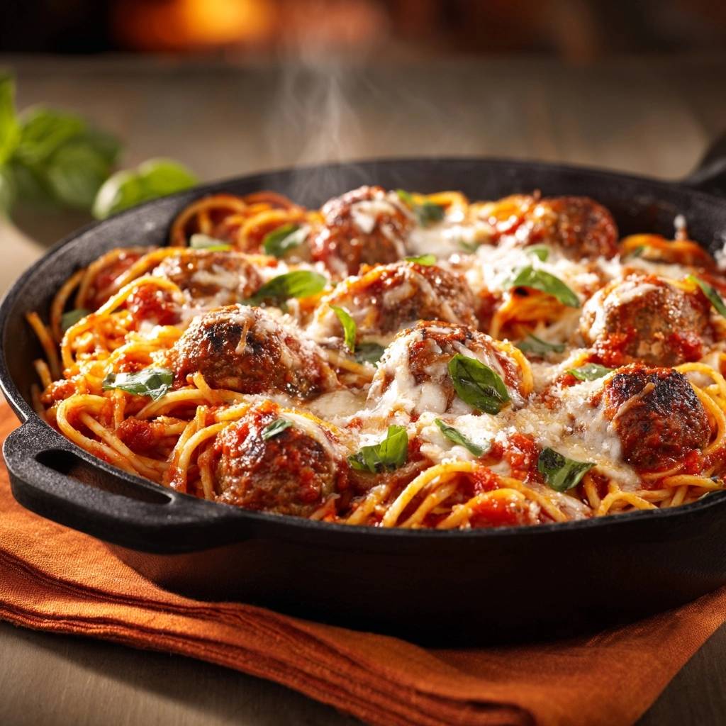 Spaghetti Mit Saftigen Fleischbaellchen Nahaufnahme 1 Spaghetti mit saftigen Fleischbällchen in einer gusseisernen Pfanne, garniert mit frischem Basilikum und geschmolzenem Käse, dampfend.