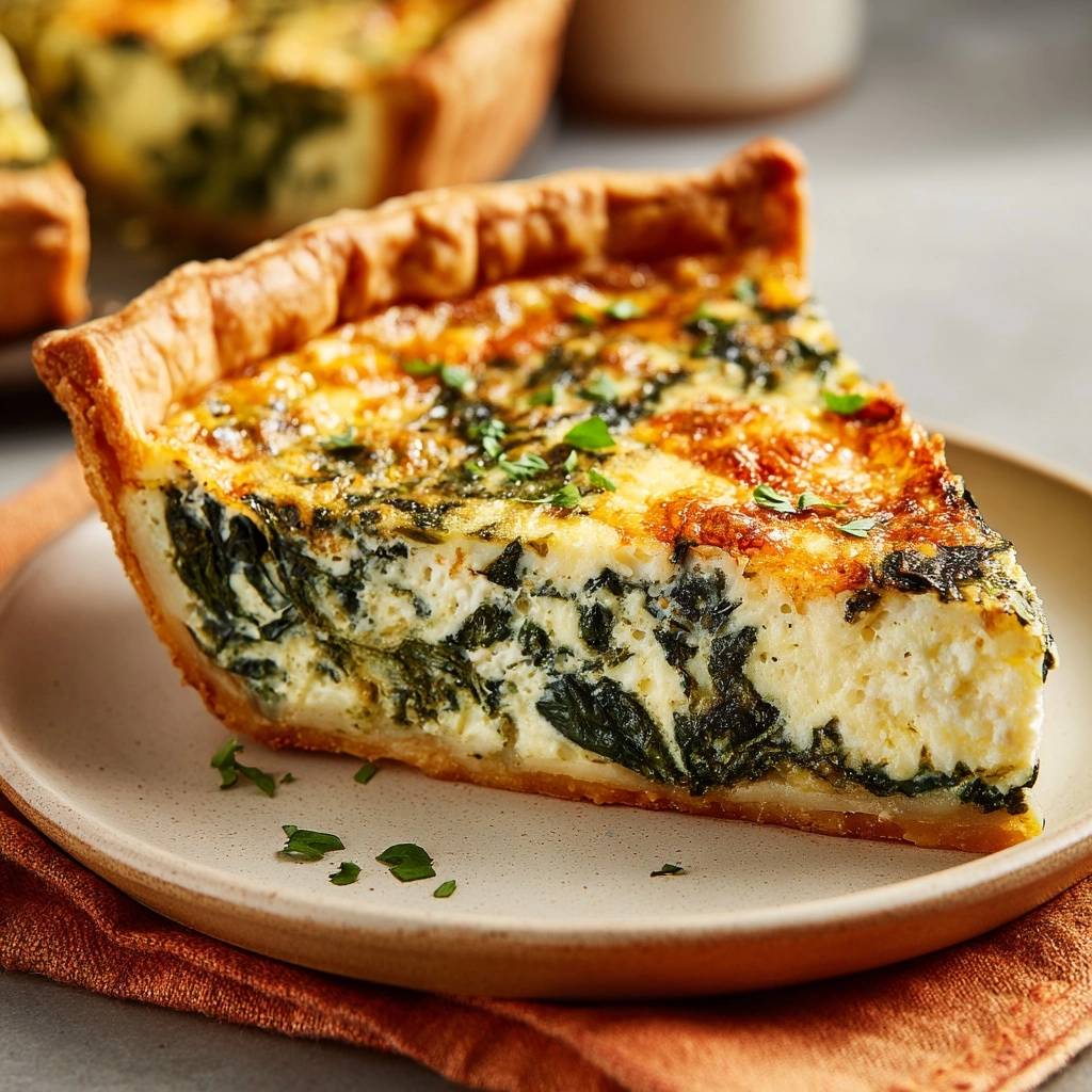 Spinat-Feta-Quiche: Eine einzelne Portion wird auf einem Teller serviert, mit einem detaillierten Blick auf den saftigen Querschnitt.