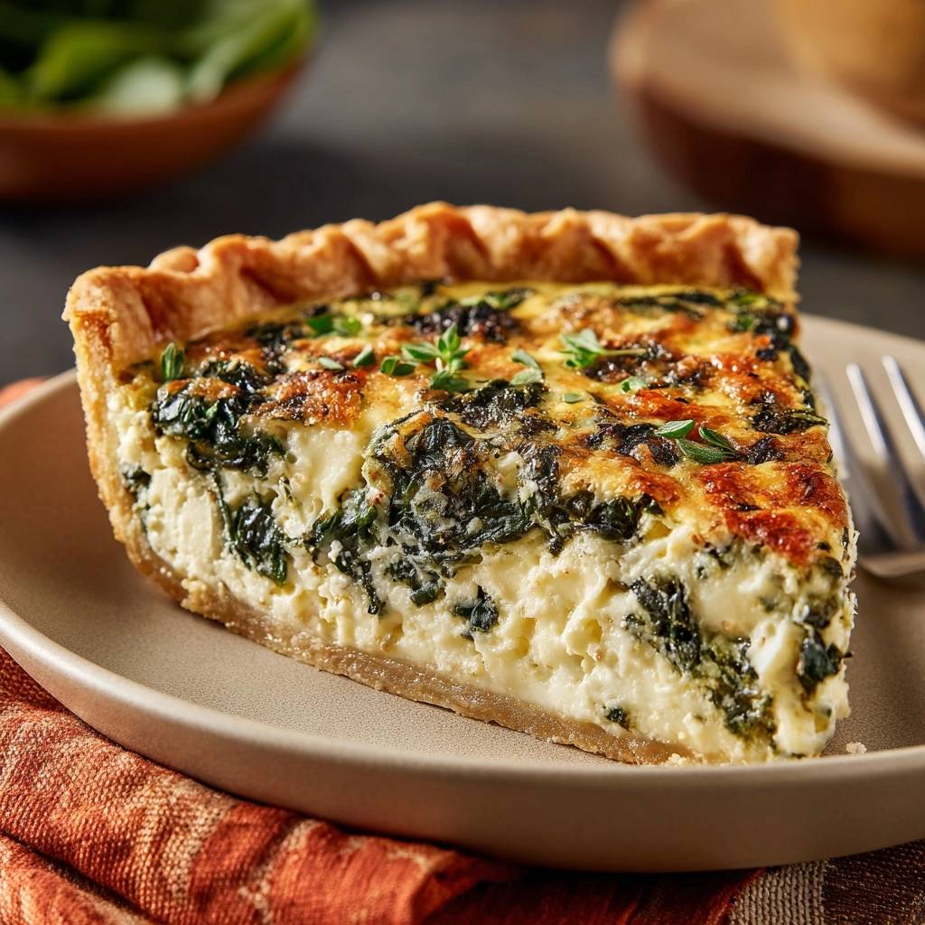 Spinat-Feta-Quiche, serviert auf einem Teller, zeigt einen köstlichen Querschnitt mit cremiger Füllung und knusprigem Teig.
