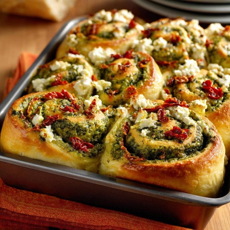 Spinat-Feta-Rollen mit getrockneten Tomaten in Nahaufnahme, ofenfrisch gebacken und mit Feta und Tomaten garniert.