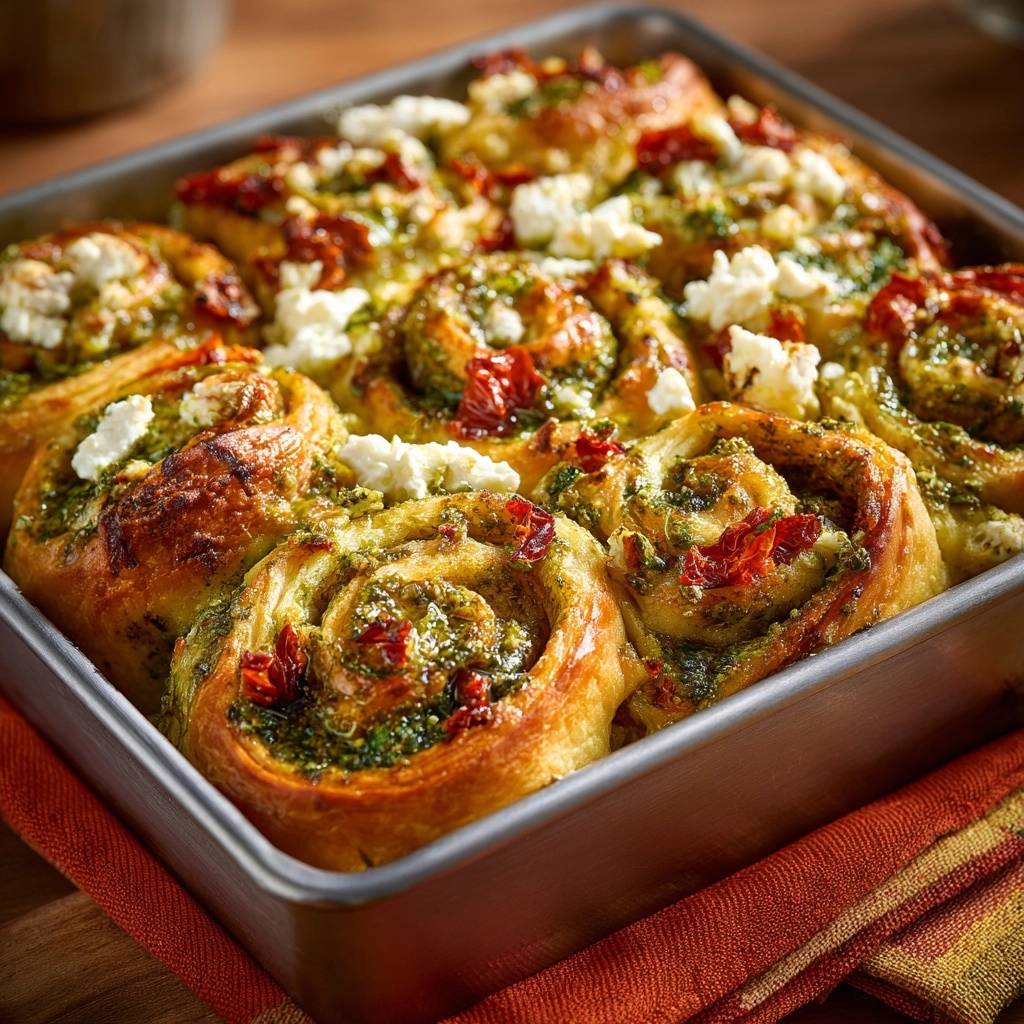 Spinat Feta Rollen Mit Tomaten Draufsicht 1 Spinat-Feta-Rollen mit getrockneten Tomaten in einer Backform, von oben fotografiert. Die fluffigen Teigrollen sind mit Pesto, Feta und Tomaten belegt.
