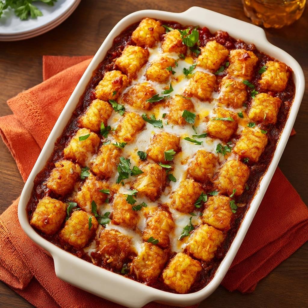 Knuspriger Tater-Tots-Hack-Auflauf, überbacken mit geschmolzenem Käse und garniert mit frischer Petersilie.