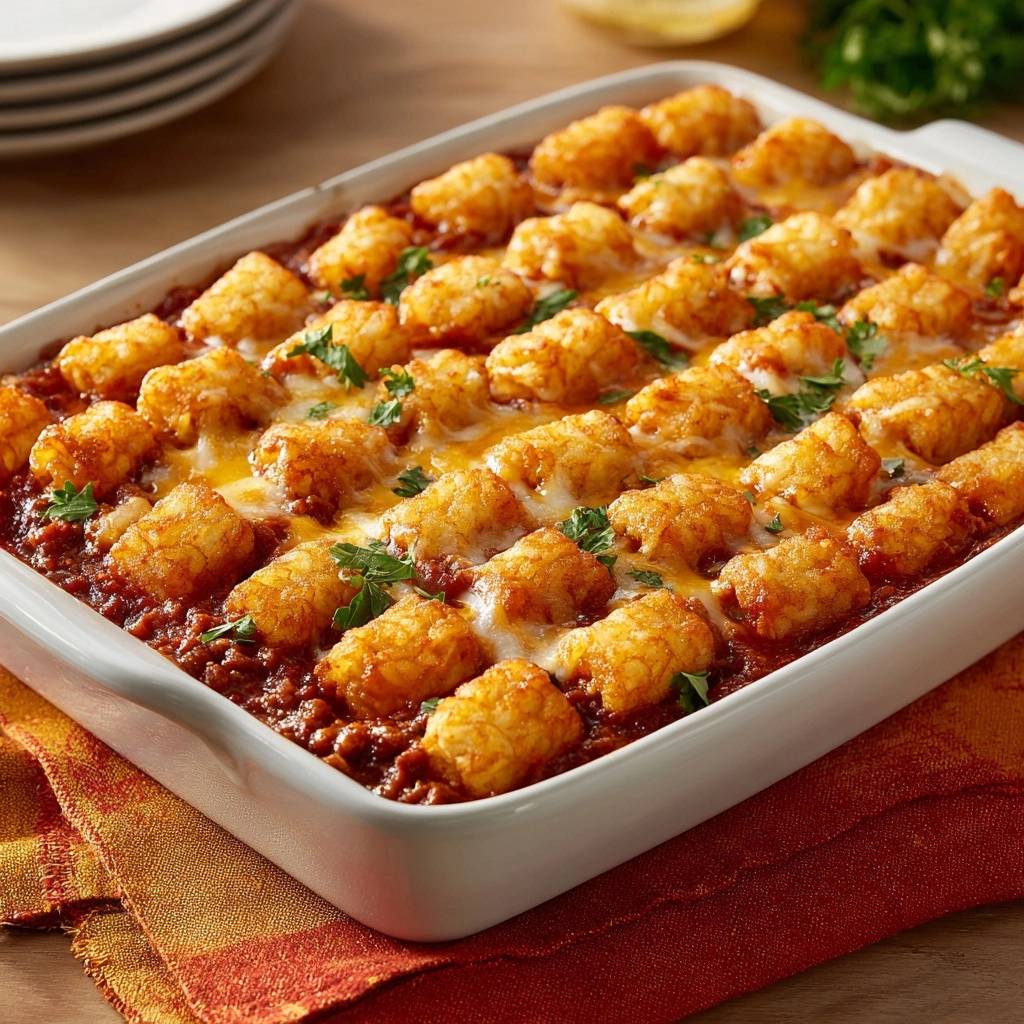 Tater Tots Hack Auflauf Nahaufnahme 1 Knuspriger Tater-Tots-Hack-Auflauf, nah aufgenommen mit geschmolzenem Käse und Petersilie garniert.
