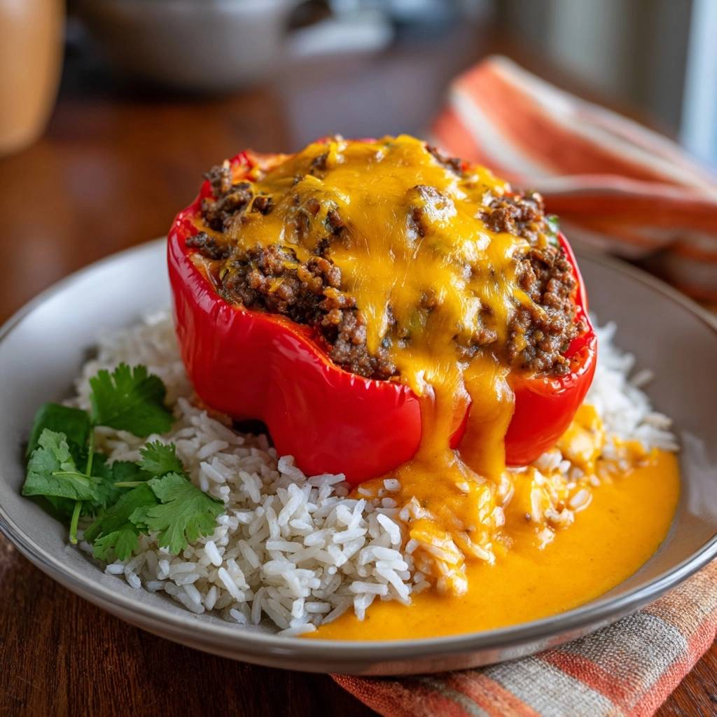 Tex-Mex Gefüllte Paprika mit schmelzendem Käse serviert auf Reis, garniert mit frischer Koriander, ein leckeres und sättigendes Gericht.