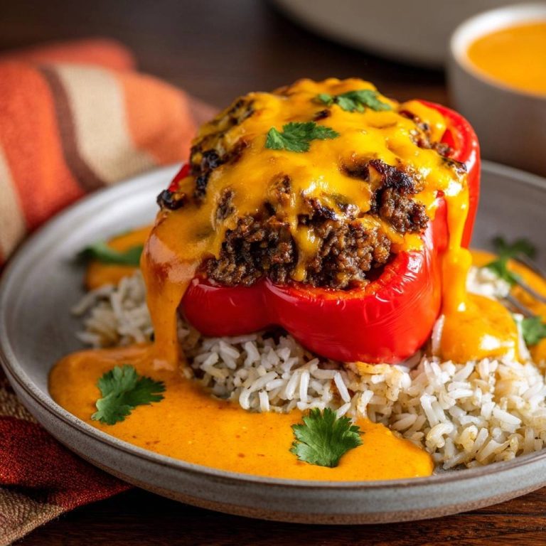Tex-Mex Gefüllte Paprika, serviert auf Reis und übergossen mit geschmolzenem Käse und einer cremigen Soße.