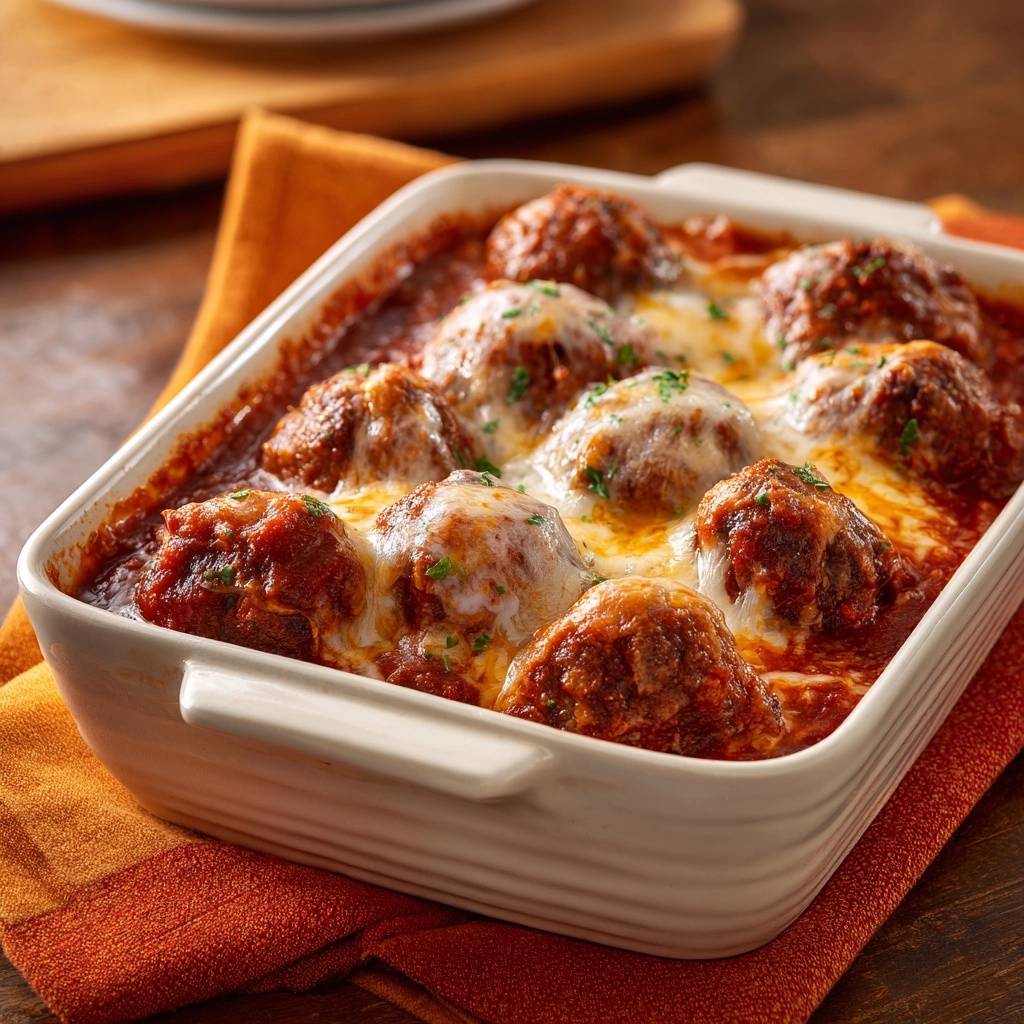 Ueberbackene Fleischbaellchen In Tomaten Nahaufnahme 1 Überbackene Fleischbällchen in Tomatensoße sind in einer Auflaufform mit geschmolzenem Käse und frischen Kräutern serviert. Ein köstliches Gericht für jeden Anlass.