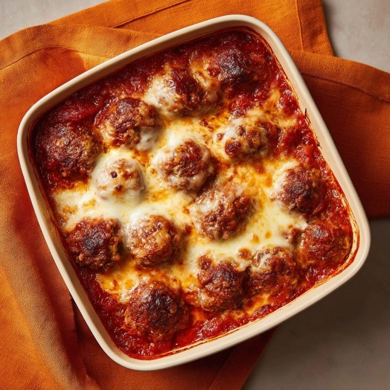 Überbackene Fleischbällchen in Tomatensoße aus der Draufsicht, bedeckt mit geschmolzenem Käse und saftigen Fleischbällchen.