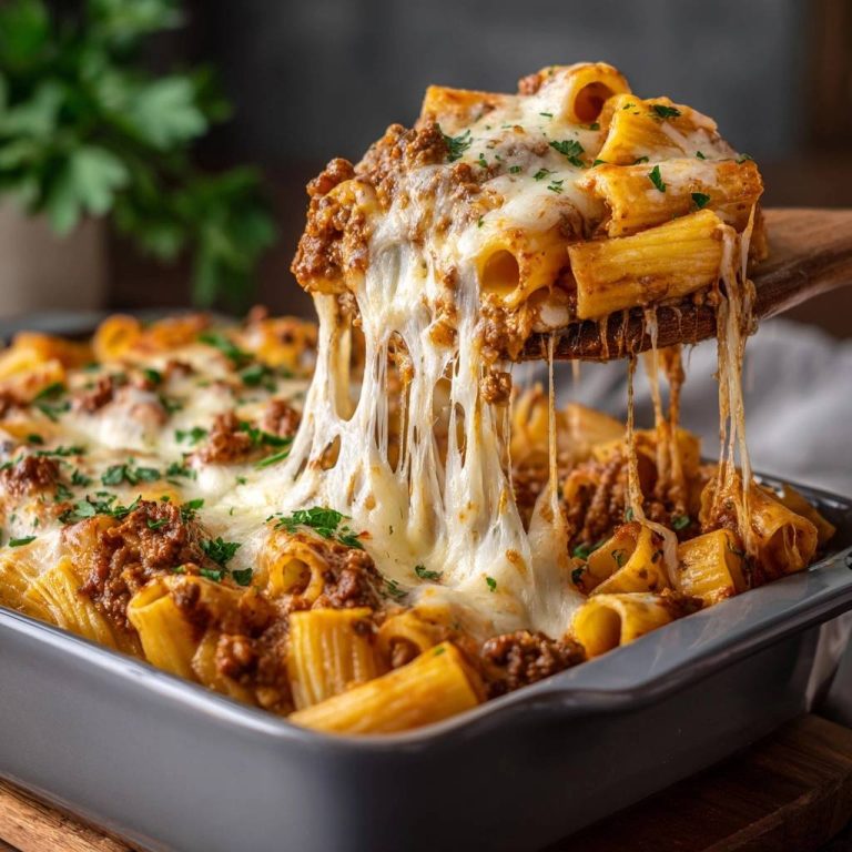 Überbackene Rigatoni mit saftiger Hackfleischsoße: Nahaufnahme des geschmolzenen Käses, der lange, klebrige Fäden bildet. Ein köstliches, heißes Gericht.