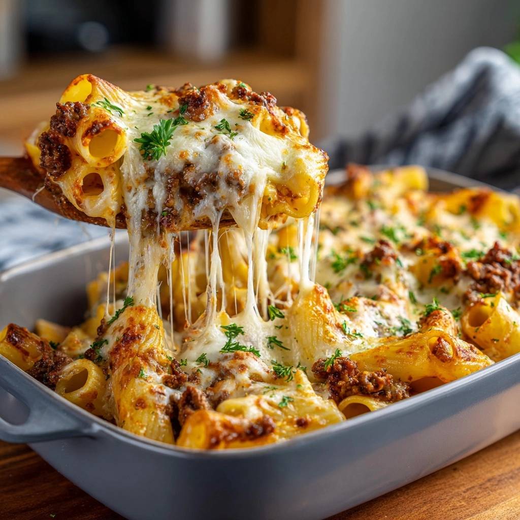 Ueberbackene Rigatoni Hackfleisch Nahaufnahme 1 Überbackene Rigatoni mit saftiger Hackfleischsoße: Nahaufnahme des geschmolzenen Käses und der dampfenden Nudeln, die von einem Löffel abgehoben werden.