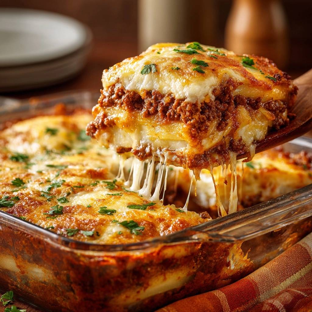 Ultimative Hackfleisch-Lasagne: Ein köstlicher Querschnitt zeigt geschmolzenen Käse, der sich beim Herausnehmen aus der Auflaufform zieht.