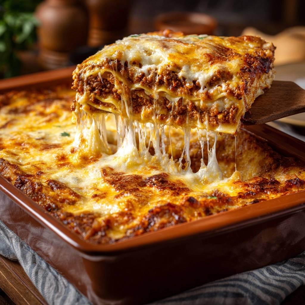 Ultimative Rindfleisch-Lasagne: Ein Nahaufnahme-Querschnitt, der die geschmolzene Käseschicht und die köstlichen Schichten zeigt, die gerade serviert werden.