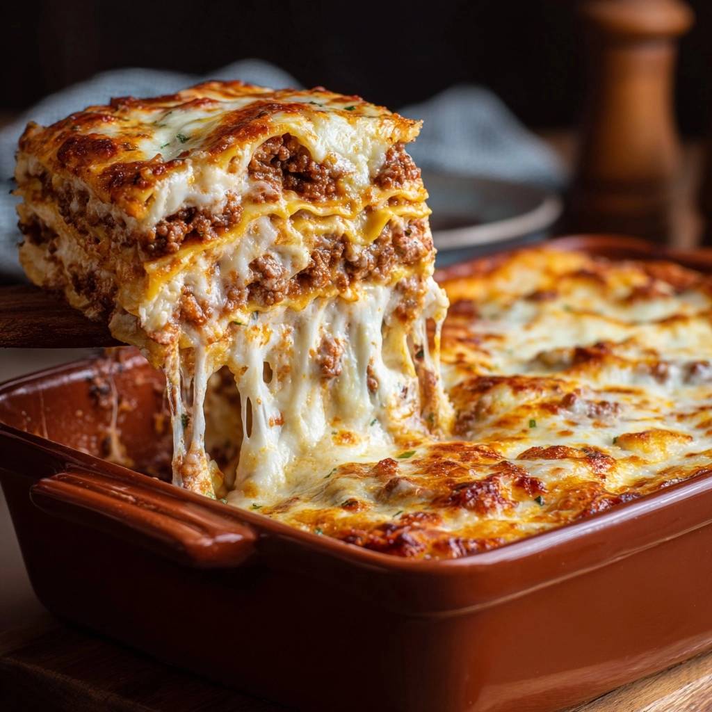 Ultimative Rindfleisch-Lasagne: Ein köstlicher Querschnitt zeigt geschmolzenen Käse, der sich aus der frisch gebackenen Lasagne zieht.