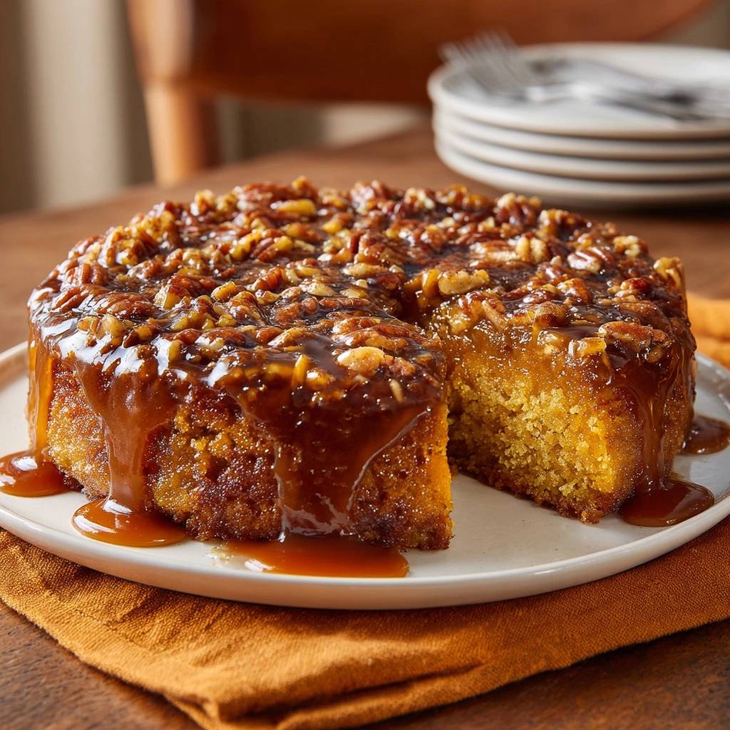 Upside-Down Kürbis-Pekan-Kuchen zeigt eine köstliche, saftige Innenansicht des Kuchens mit Karamellglasur und Pekannüssen.