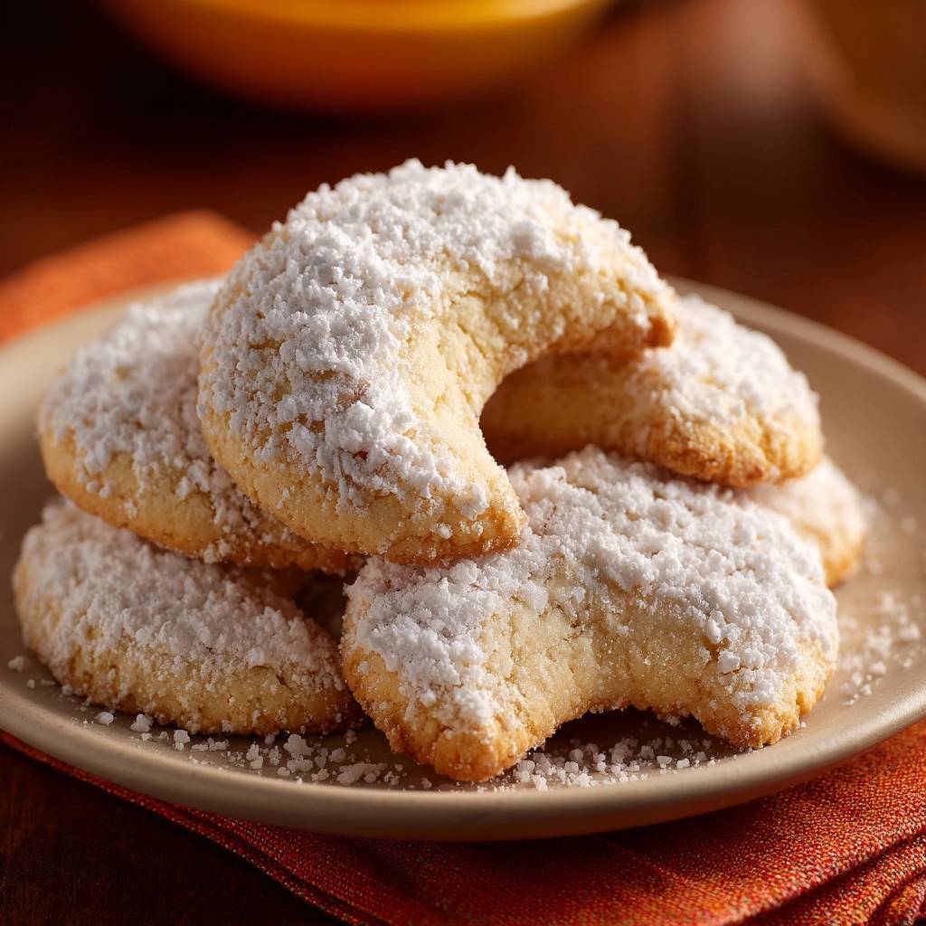 Vanillekipferl, ein Stapel mit Puderzucker bestäubter Weihnachtsplätzchen, auf einem Teller nah aufgenommen.