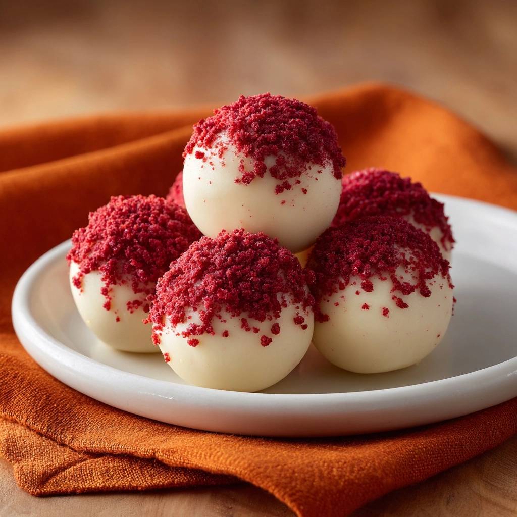 Weiße Himbeer-Schoko-Trüffel auf einem weißen Teller serviert, mit rotem Himbeer-Topping. Die cremigen Pralinen sind auf einem orangefarbenen Tischtuch angerichtet.