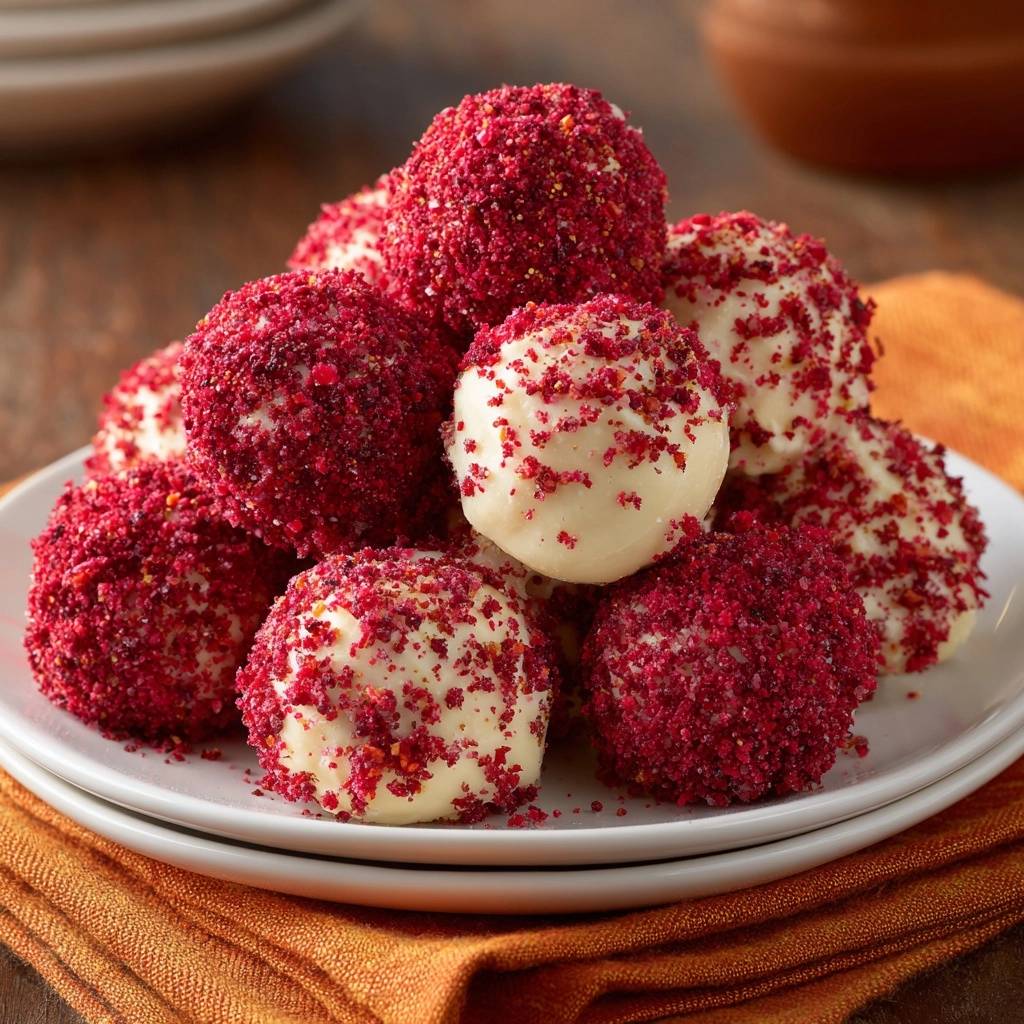 Weisse Himbeer Schoko Truffel Nahaufnahme 1 Weiße Himbeer-Schoko-Trüffel in Nahaufnahme, auf einem Teller serviert, mit einer roten Himbeerhülle bedeckt und perfekt angerichtet.