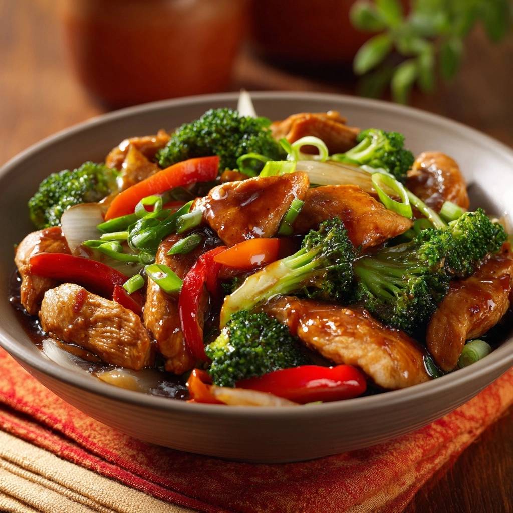 Wok Hahnchen Mit Brokkoli Und Paprika Serviert 1 Saftiges Wok-Hähnchen mit Brokkoli und Paprika, serviert in einer Schüssel, mit frischem Gemüse und einer köstlichen Soße.