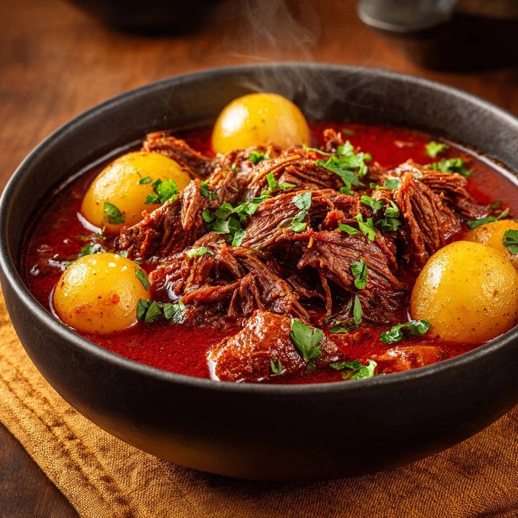 Zartes Rindergulasch Mit Kartoffeln Nahaufnahme 1 Zartes Rindergulasch mit Kartoffeln in einer dunklen Schüssel, serviert mit goldgelben Kartoffeln und frischer Petersilie garniert.