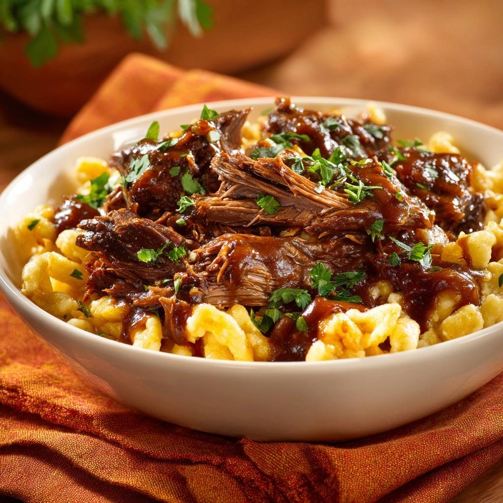 Zartes Rindergulasch mit Spätzle, serviert in einer Schüssel, präsentiert eine Nahaufnahme mit frischen Kräutern garniert.