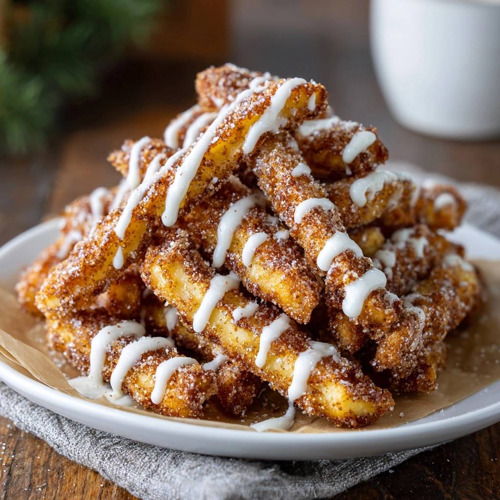 Knusprige Zimt-Churros mit cremigem Dip, detailreiche Nahaufnahme der weißen Glasur über den Zimtstangen.
