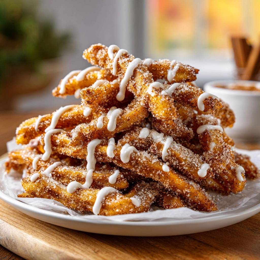 Zimt Churros Mit Glaze 1 Knusprige Zimt-Churros mit cremigem Dip, bestreut mit Zucker und Zimt und mit weißer Glasur verziert.
