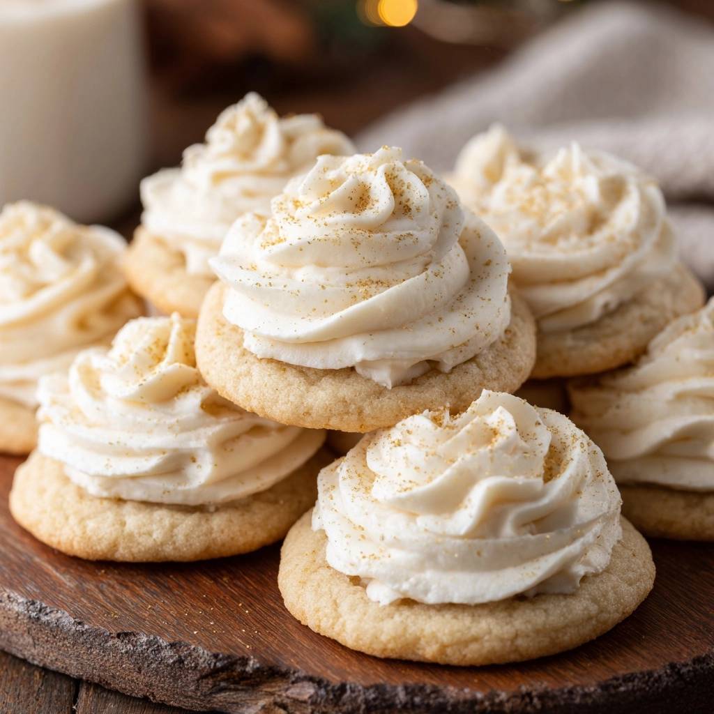 Zimtkekse mit Zimt-Cremefrosting in Nahaufnahme zeigen die reichhaltige Cremefrosting-Dekoration und die goldfarbenen Zuckerstreusel. Die Kekse liegen auf einem rustikalen Holzbrett.
