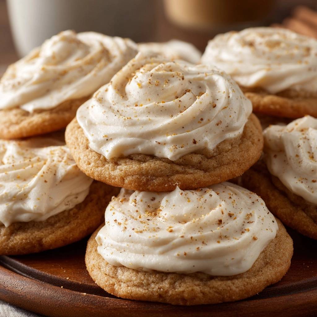 Zimtkekse mit Zimt-Cremefrosting in Nahaufnahme, dekoriert mit cremigen Frosting und einer Prise Zimt, angerichtet auf einem Holzbrett.
