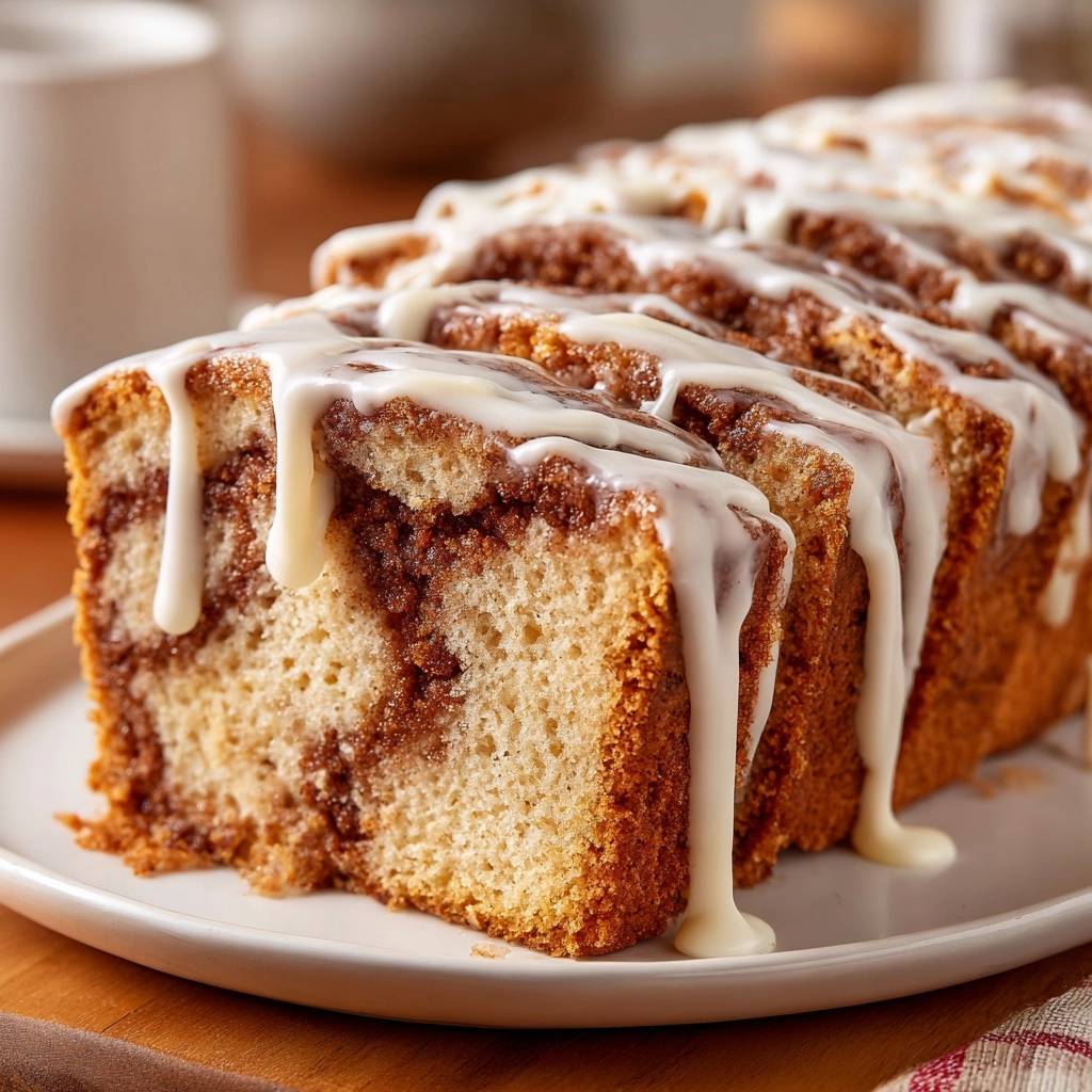 Zimtschnecken Kuchen Angeschnitten Mit Glasur 1 Zimtschnecken-Kuchen angeschnitten mit zarter Zimt-Swirl-Maserung und cremiger Glasur, die über die Scheiben tropft.