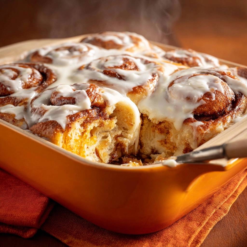 Zimtschnecken, frisch aus dem Ofen, zeigen im Querschnitt ihr saftiges Inneres und sind reichlich mit Zuckerguss bedeckt.