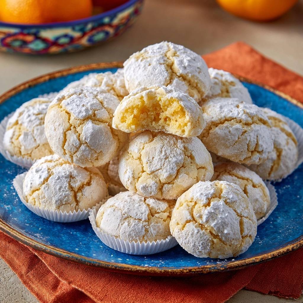 Zitronen-Crinkle-Kekse zeigen einen detailreichen Querschnitt. Die weichen Kekse sind mit Puderzucker bestäubt und laden zum Genießen ein.