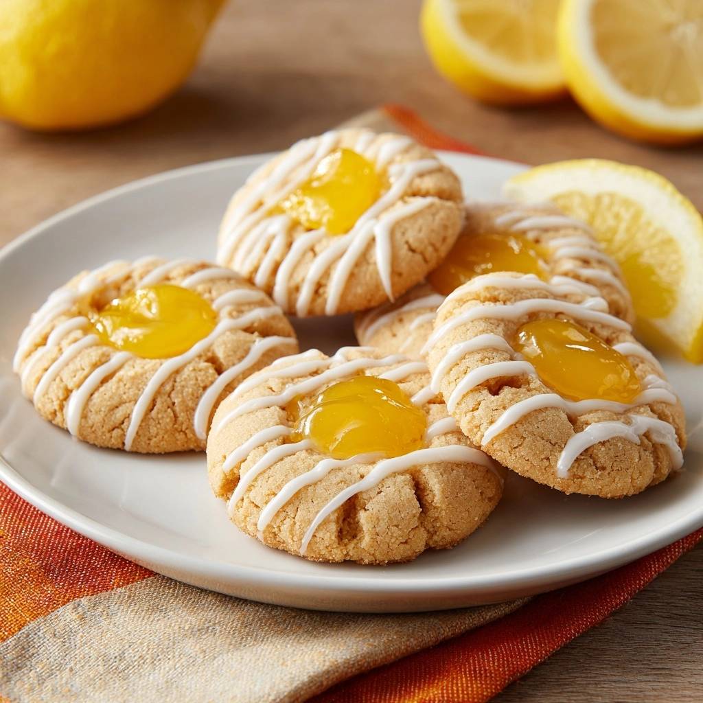 Zitronen-Curd-Thumbprint-Kekse auf einem weißen Teller serviert, mit leuchtender Zitronenfüllung und Zuckerguss verziert.