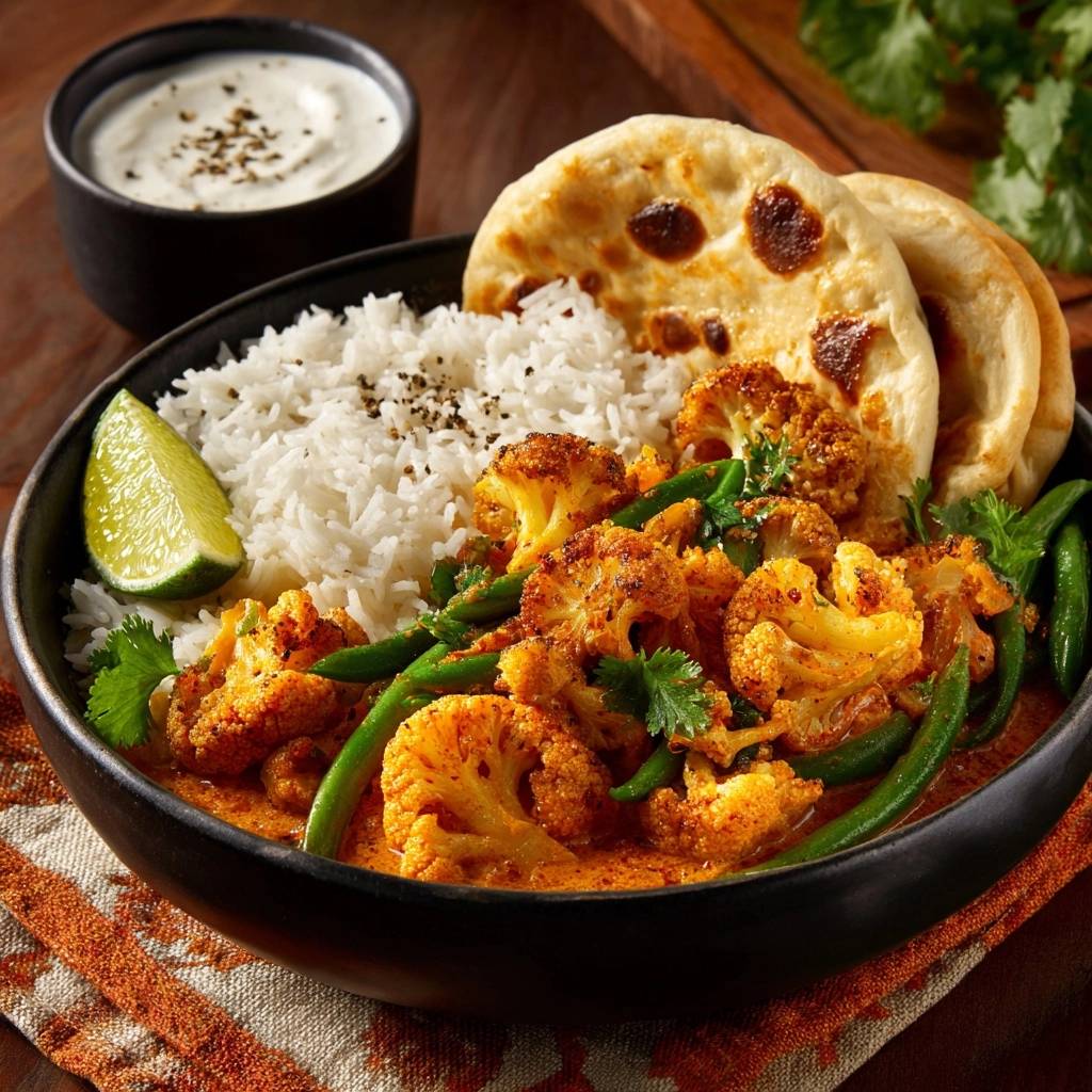 Cremiges Blumenkohl-Curry mit grünen Bohnen