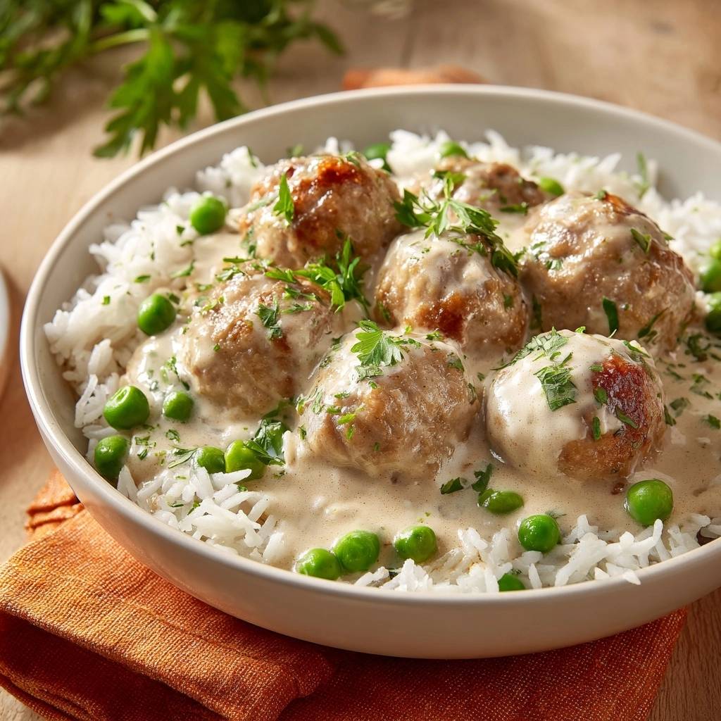 Saftige Hähnchenbällchen in cremiger Erbsen-Sahnesoße