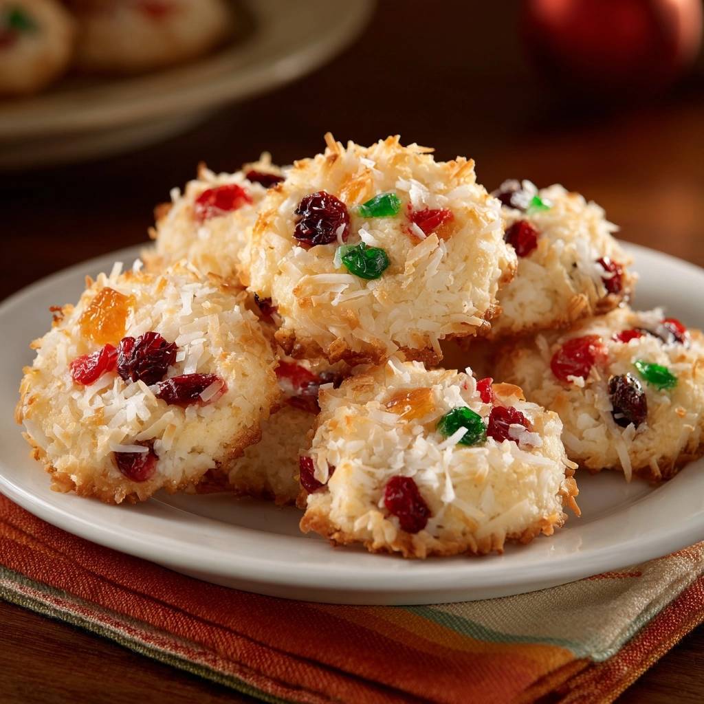 Saftige Kokosmakronen mit bunten Früchten