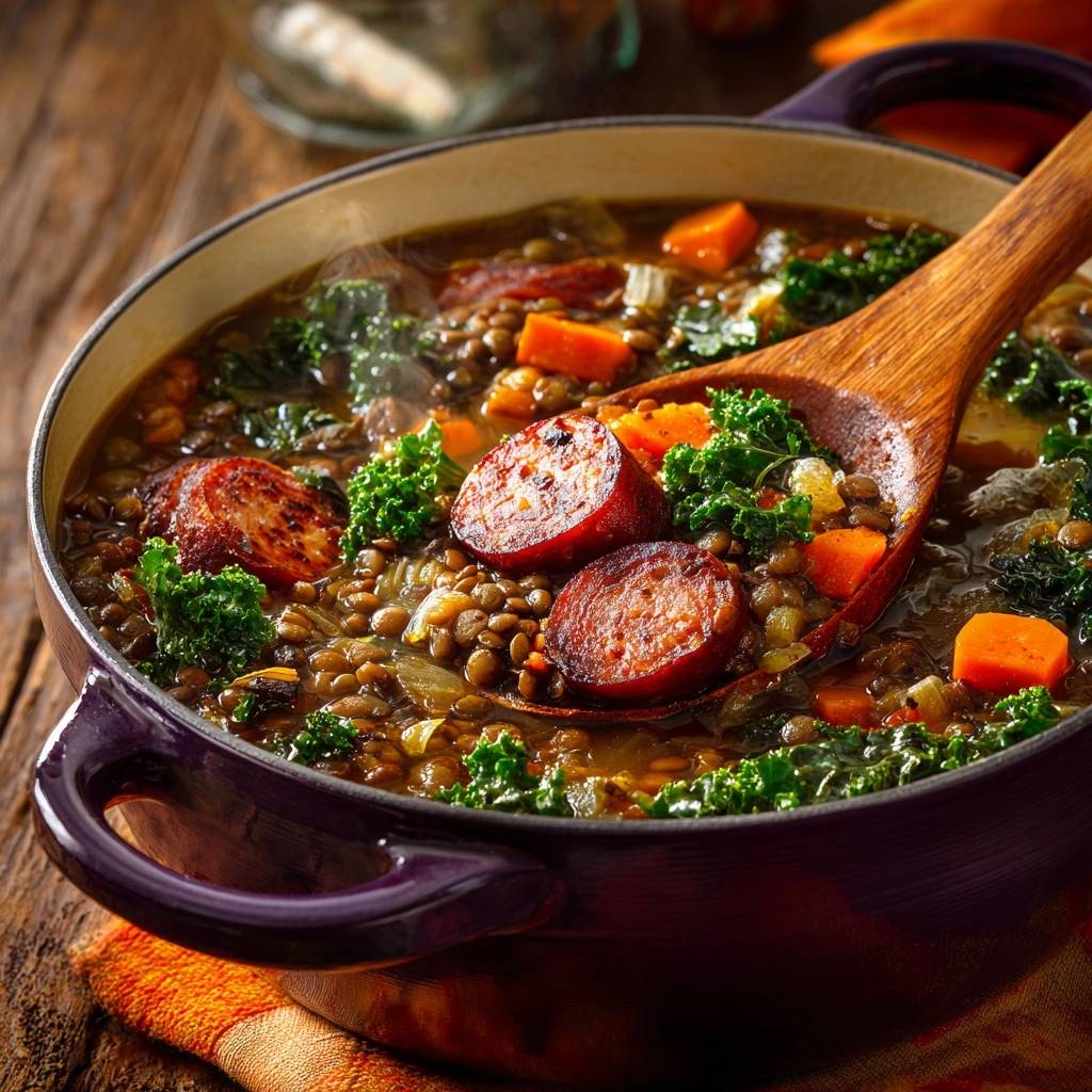 Sämiger Linseneintopf mit Grünkohl, Karotten & Wurst