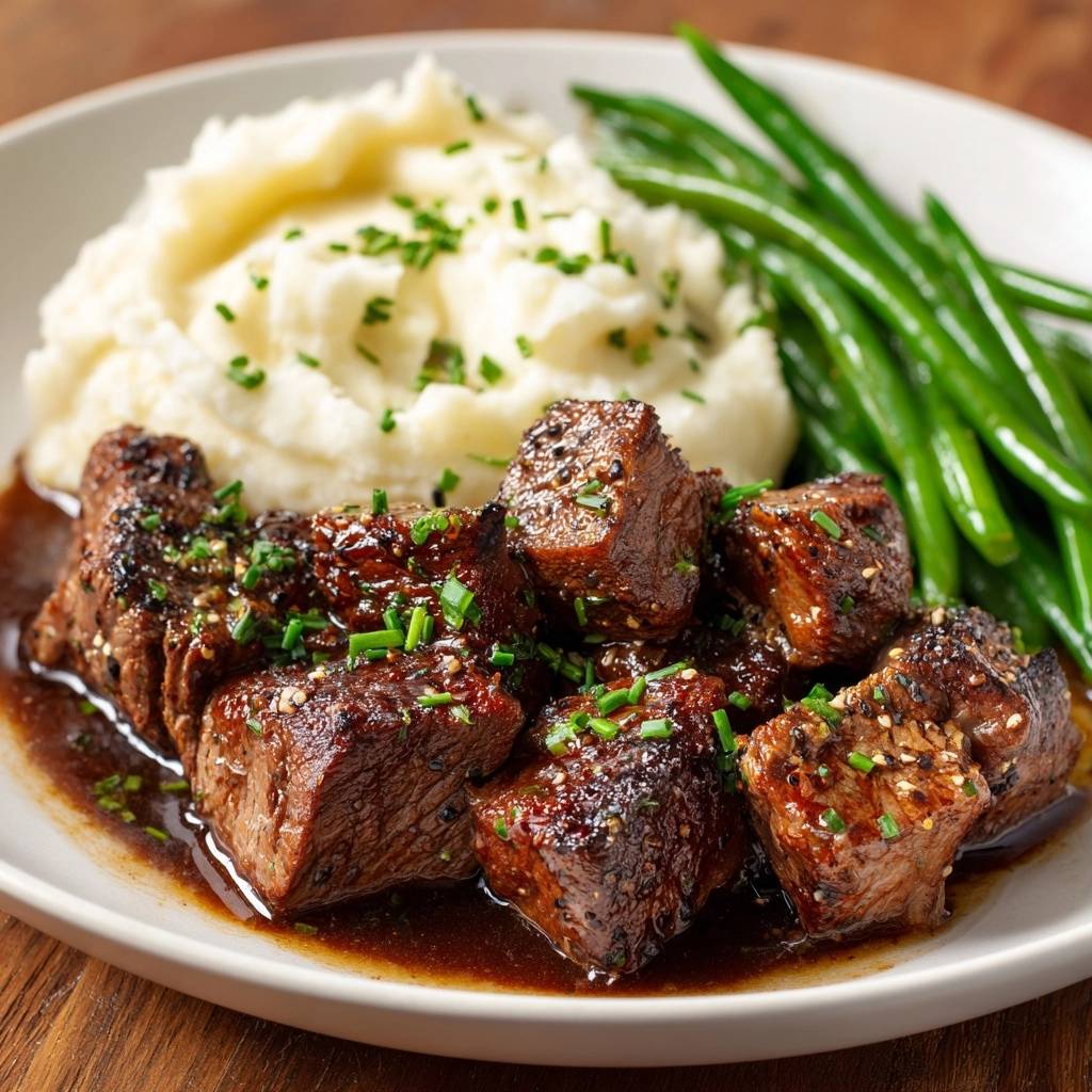 Saftige Rindfleischwürfel mit Kartoffelpüree und grünen Bohnen