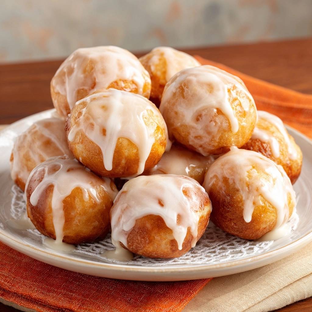 Goldene Quarkbällchen mit dicker Zuckerglasur