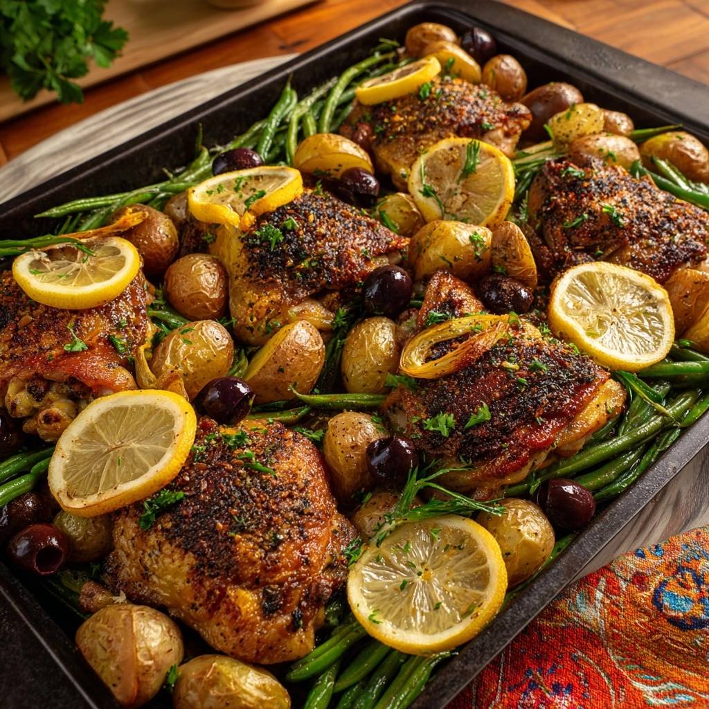 Knusprige Hähnchenkeulen mit Ofenkartoffeln, Bohnen, Oliven & Zitrone