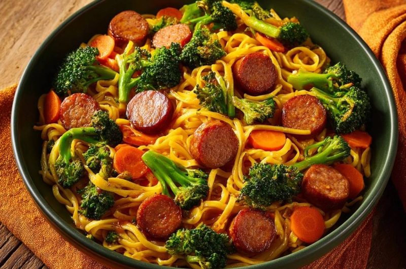 Asiatische Brokkoli-Nudel-Pfanne mit Karotten & Würstchen