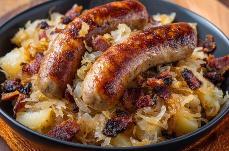 Bratwürste mit Sauerkraut, Kartoffeln und Speck