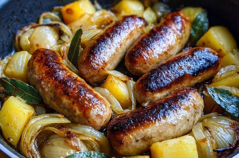 Bratwurst mit Kartoffeln und Zwiebeln (Nie wieder matschige Kartoffeln!)