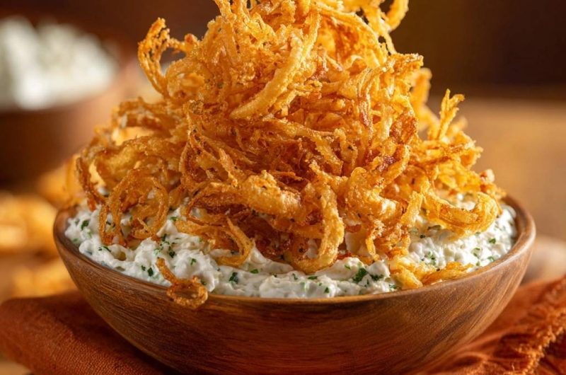 Cremiger Kräuter-Dip mit ultra-knusprigen Zwiebelstreifen