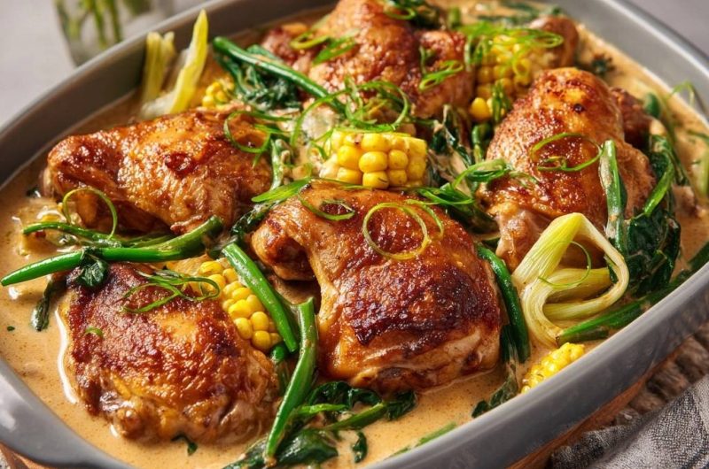 Cremiges Pfannenhähnchen mit Mais und Frühlingszwiebeln